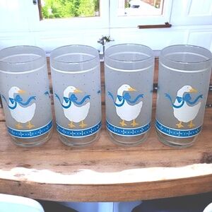 Set 4 Libby Frosted Drinking Glasses Cottagecore Goose Duck Blue Ribbons VTG 6"